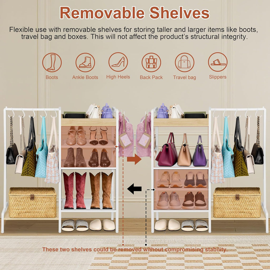 2-in-1 Shoe Rack for Closet with Purse Organizer, 5 Tier Shoes Shelf with Wooden Tray and Removable Shelves, Storage Organizer for Entryway, Garage, Hold Boots, Backpacks, White