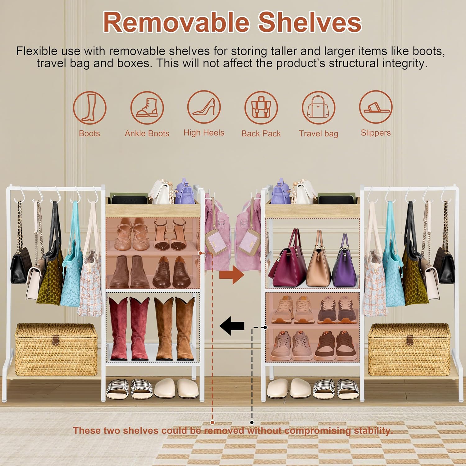 2-in-1 Shoe Rack for Closet with Purse Organizer, 5 Tier Shoes Shelf with Wooden Tray and Removable Shelves, Storage Organizer for Entryway, Garage, Hold Boots, Backpacks, White