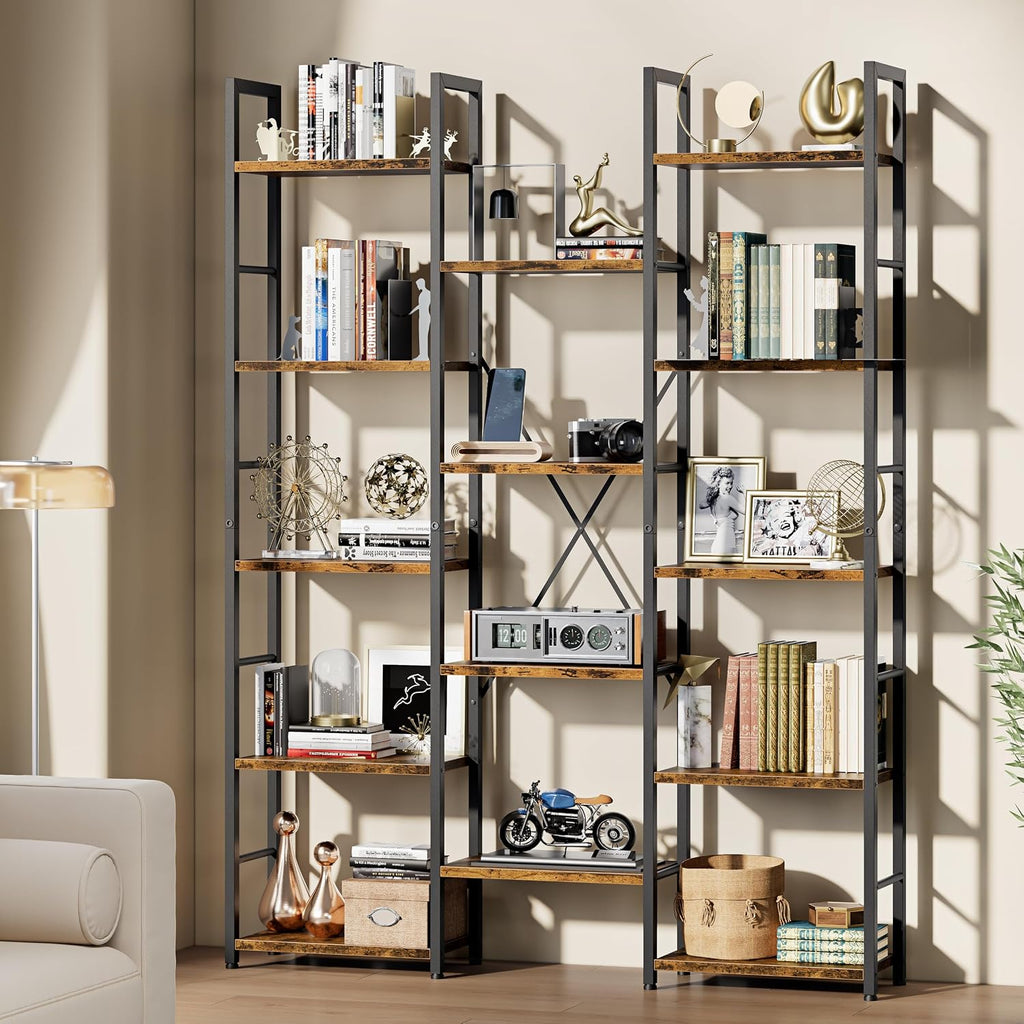 Shintenchi Triple Column 5 Tier Bookshelf, Industrial Large Bookcase Display Shelves, Large Etagere Bookshelf,Wide Book Shelf Book Case for Home & Office, Rustic Brown