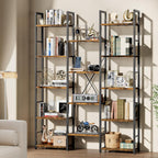Shintenchi Triple Column 5 Tier Bookshelf, Industrial Large Bookcase Display Shelves, Large Etagere Bookshelf,Wide Book Shelf Book Case for Home & Office, Rustic Brown