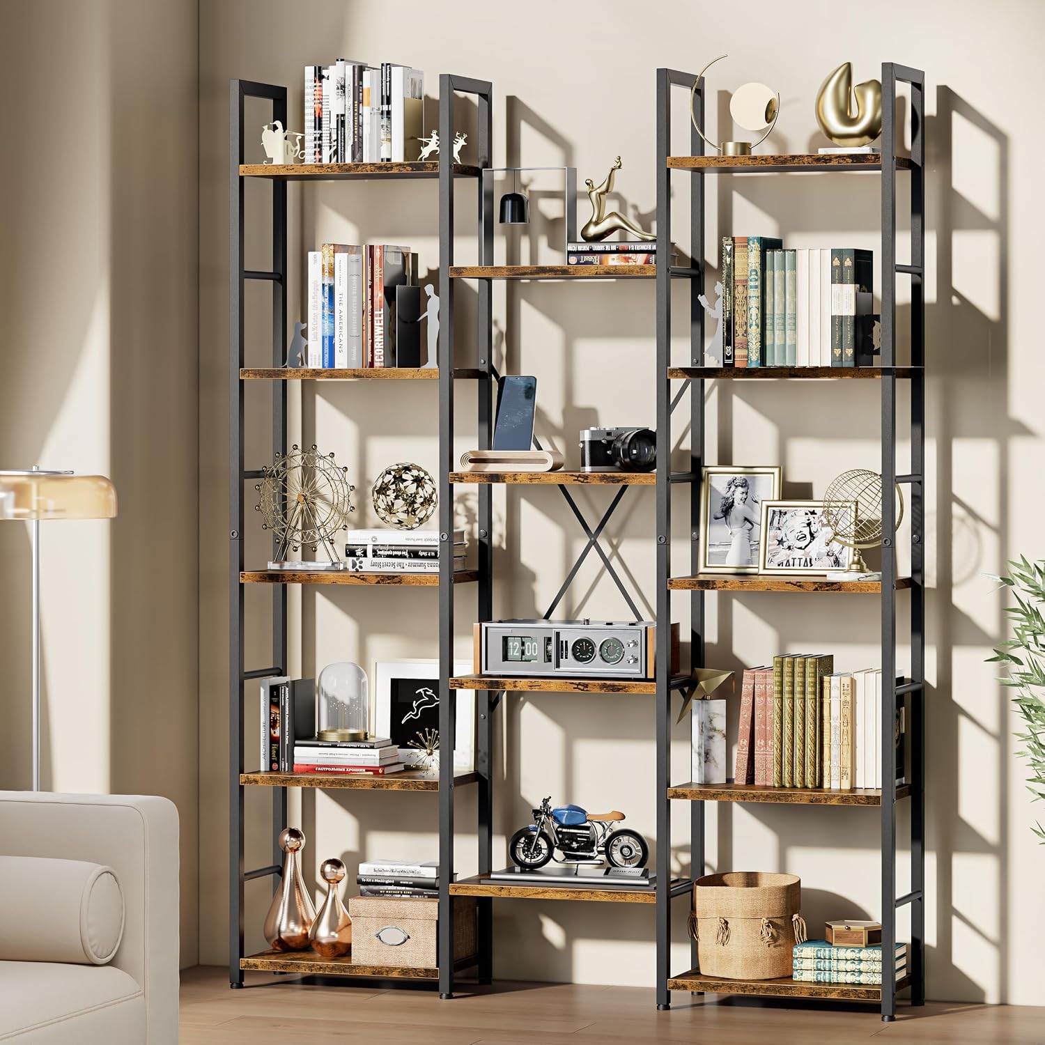 Shintenchi Triple Column 5 Tier Bookshelf, Industrial Large Bookcase Display Shelves, Large Etagere Bookshelf,Wide Book Shelf Book Case for Home & Office, Rustic Brown