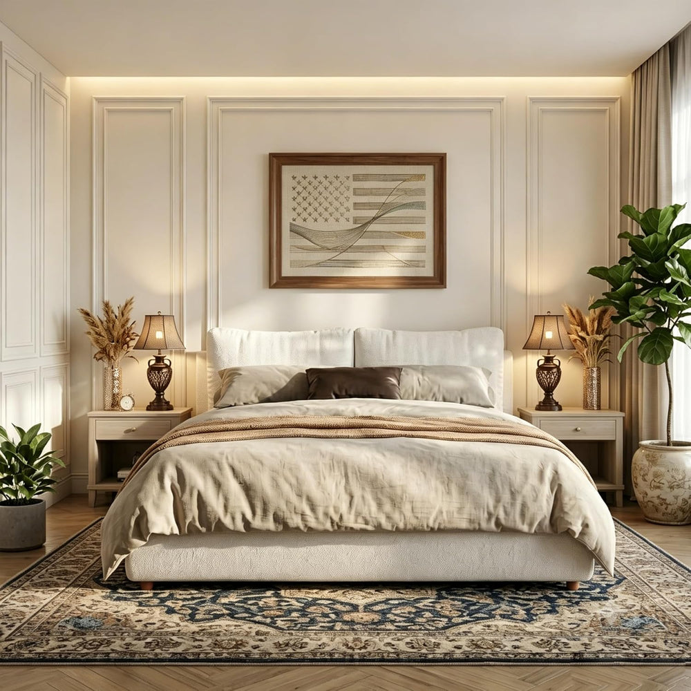 DNYN California King Size Boucle Platform Bed with 2 Removable Pillows for Be...