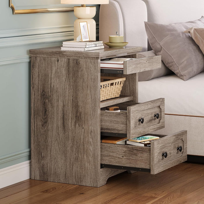 LIKIMIO Nightstand Set of 2, Night Stand with Pull Out Tray, Wooden Bedside Table with 2 Drawers and Open Shelf, Side Table for Bedroom, Grey