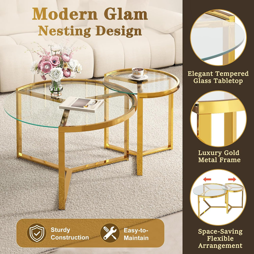 Glass Nesting Coffee Table Set with Metal Frame & Glam Design, Transparen...