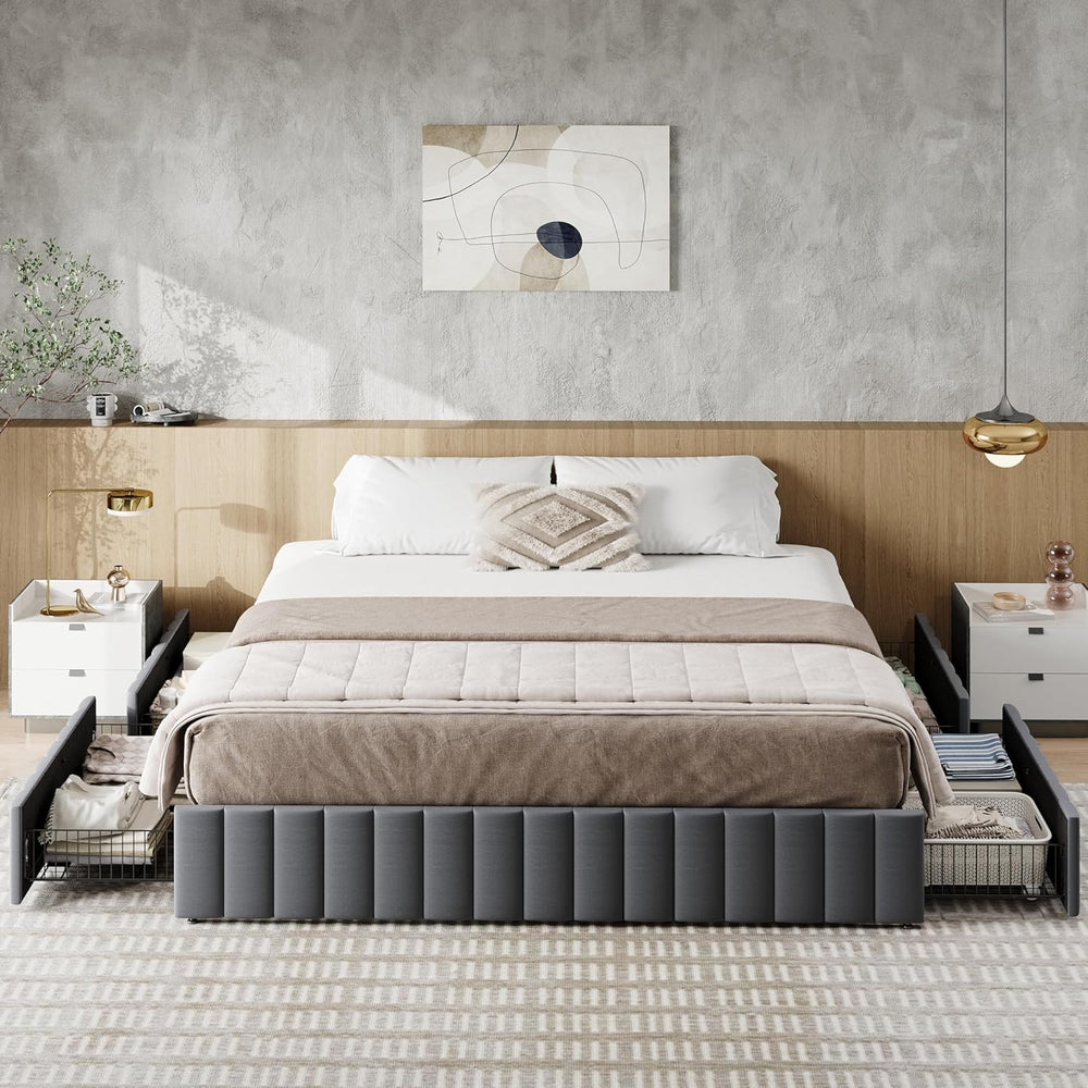 Allewie King Size Platform Bed Frame with 4 Large Storage Drawers, Velvet Ver...