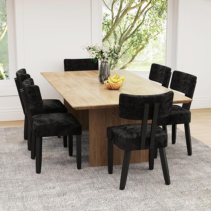GOTMINSI Mid Century Modern Dining Chairs,Velvet Farmhouse Upholstered Kitchen Chairs, Accent Curved Backrest Dining Room Chairs with Hardwood Legs (Black, 4PCS)