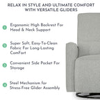 Evolur Holland Upholstered Plush Seating Glider Swivel, Glider Chair for Nursery in Harbor, Modern Nursery Glider, Tool-Free Assembly, Easy to Clean, Environmentally Conscious Glider
