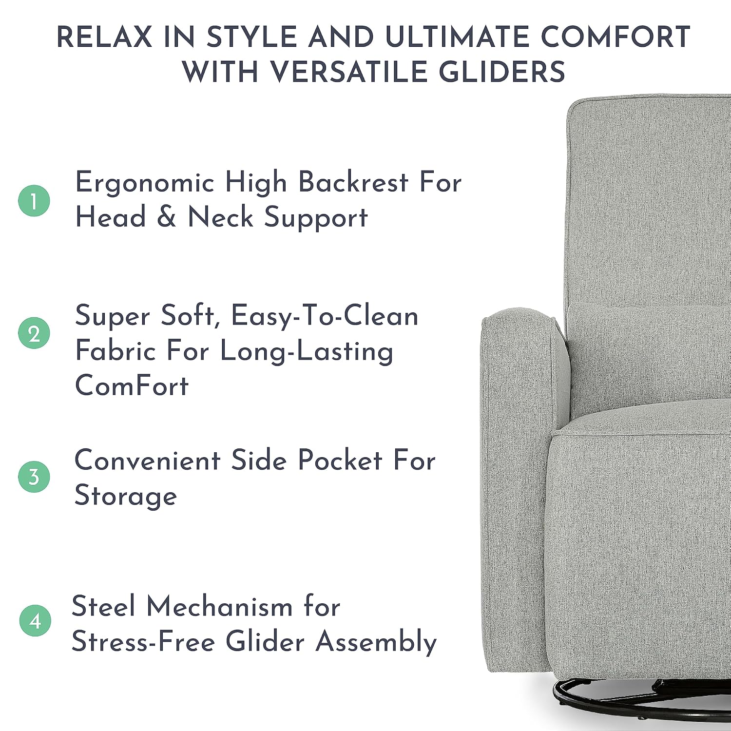 Evolur Holland Upholstered Plush Seating Glider Swivel, Glider Chair for Nursery in Harbor, Modern Nursery Glider, Tool-Free Assembly, Easy to Clean, Environmentally Conscious Glider