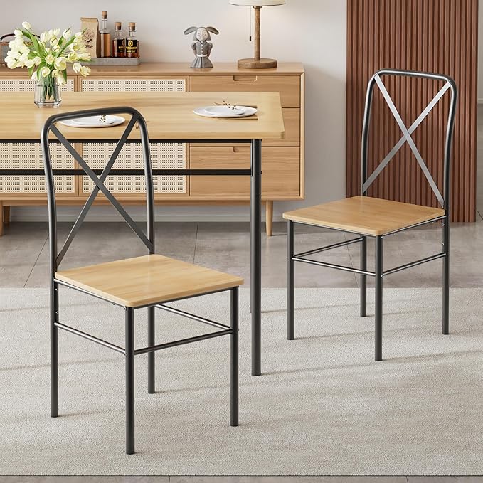 VECELO 5-Piece Kitchen Dining Table Set, Wood Tabletop & Heavy-Duty Metel Frame, Rectangle Dinette with 4 Chairs for Small Space, Breakfast Nook, Natural Black