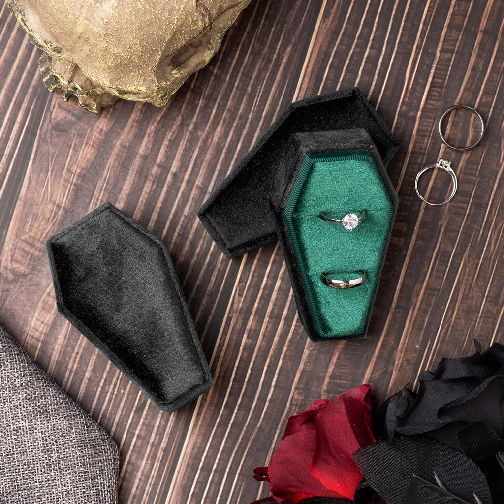 Velvet Coffin Ring Box Case Holder for Gothic Wedding Ceremony Jewelry Organizer Decorations (Black and Green)