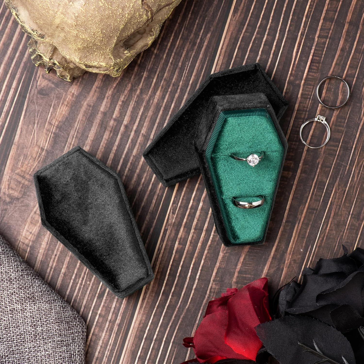 Velvet Coffin Ring Box Case Holder for Gothic Wedding Ceremony Jewelry Organizer Decorations (Black and Green)
