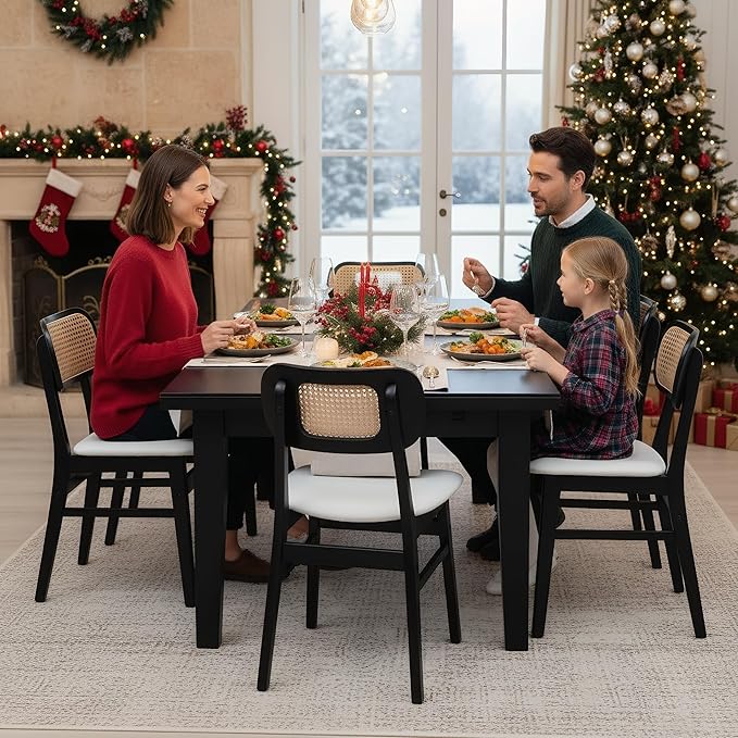 Black Rattan Dining Chairs Set of 4 Lambswool Dining Room Chairs Natural Wood...