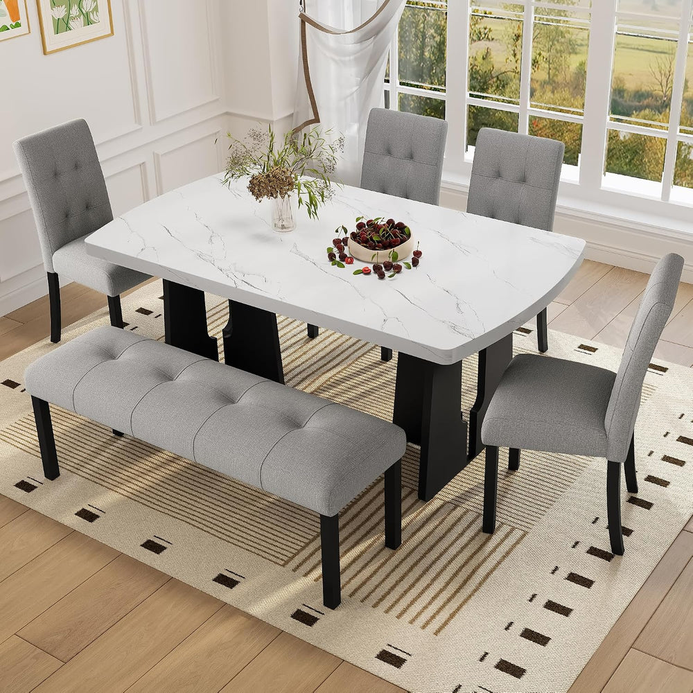 Merax 6 Piece Dining Table Set, 63" Faux Marble Dining Table with 4 Upho...