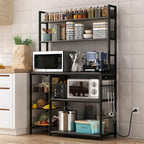 Kitchen Bakers Rack with Baskets and Power Outlet,5-Tier Kitchen Utility Storage Shelf with Hooks, Microwave Oven Stand Rack,Vintage Grey Free Standing Kitchen Shelf