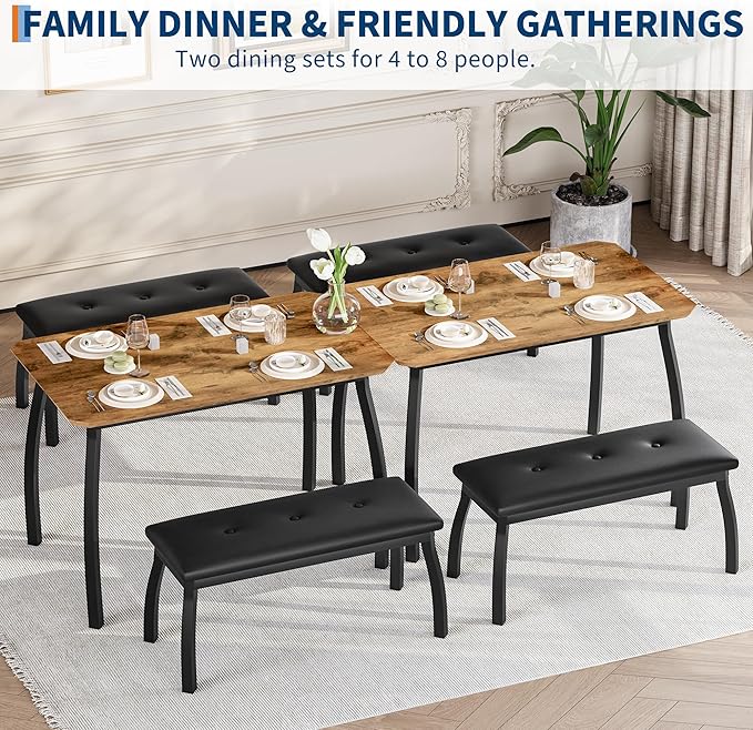 3 Piece Farmhouse Dining Table Set for 4, Compact Rustic Kitchen Table with 2 Padded Benches, Space Saving Breakfast Nook Furniture Set for Small Spaces, Apartments, Vintage