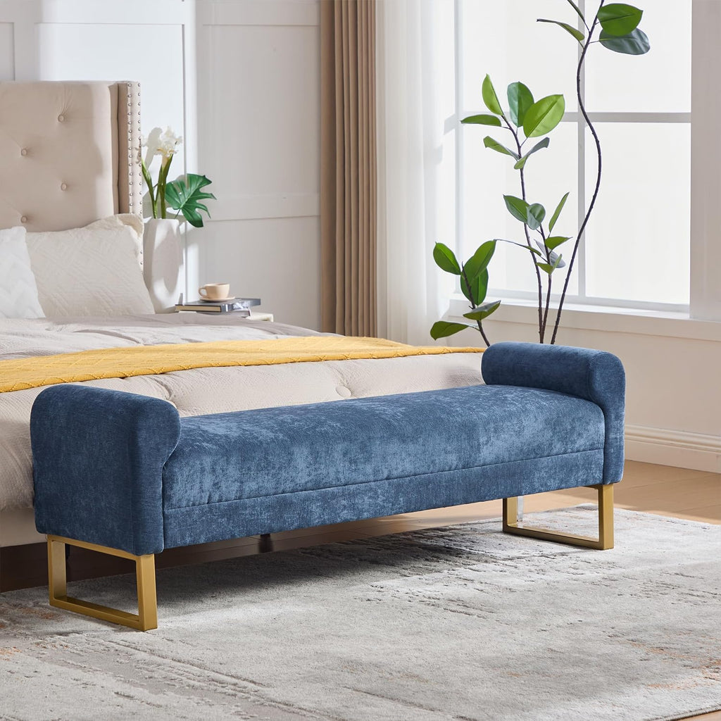 65.75" Storage Ottoman Bench, End of Bed Bench for Bedroom | Hidden Storage, Gold Metal Legs, Chenille Upholstered Seat And Modern Design For Living Room, Entryway Or Window Seating
