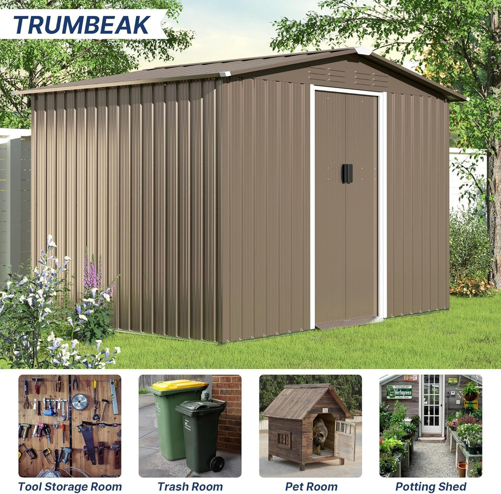 8x6FT Outdoor Storage Shed with Floor,Lockable Sliding Doors Outdoor Waterproof Tool Storage Sheds,Metal Storage Shed for Garden, Patio, Backyard(Brown)