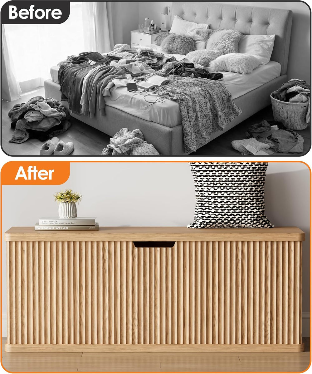 Akxomel 45.3" Fluted Storage Chest Wooden Storage Trunk 2 Safety Hinges ...