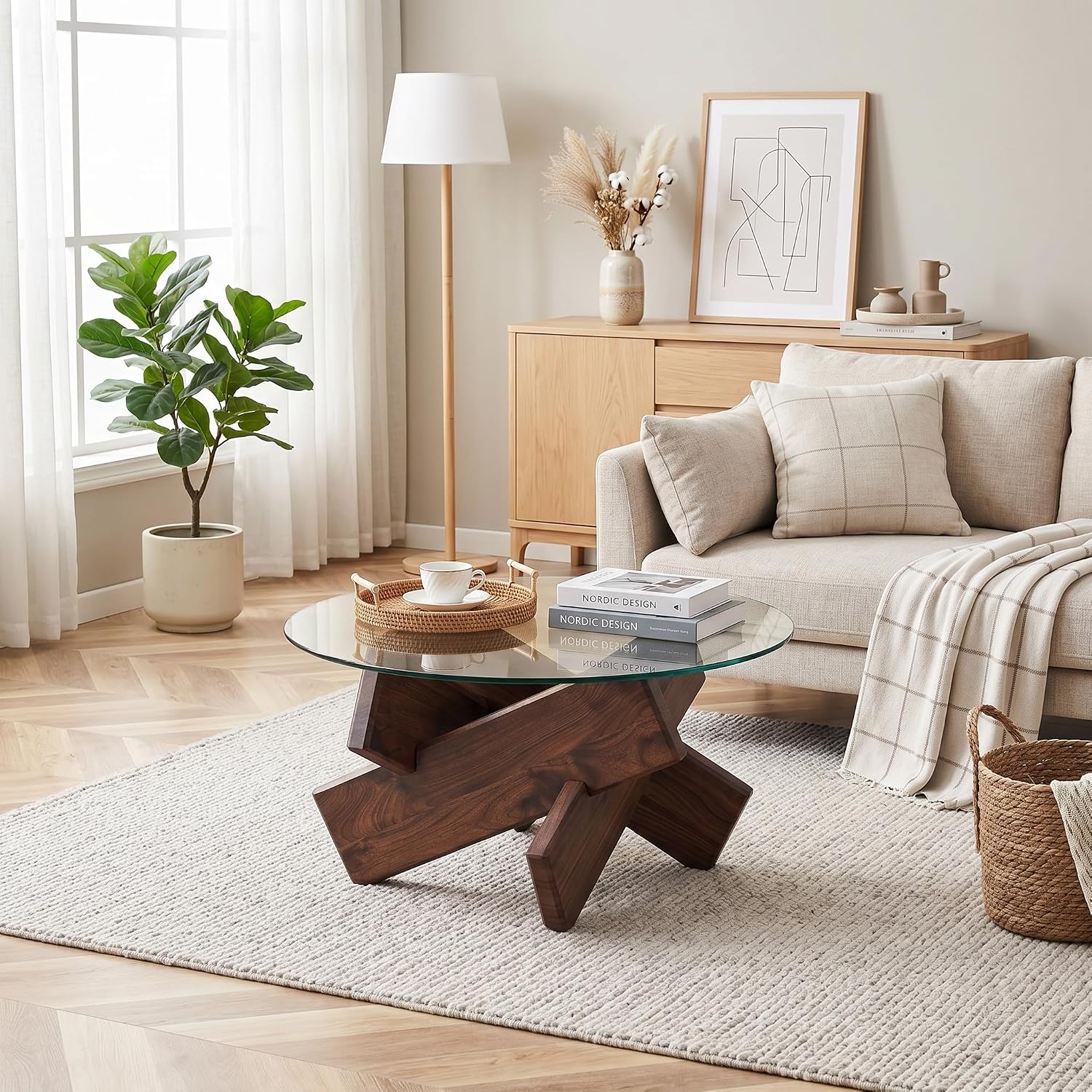 Round Glass Coffee Table, 33.4-Inch Clear Tempered Glass Top | Rustic Walnut-Finish Crossed Base, Modern Glass Center Table for Living Room, Apartment and Small Spaces