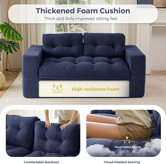 MAXYOYO 63" Loveseat Sofa Couch for Small Spaces, Upholstered Boneless Cloud Couch for Apartment Bedroom, 2-Seater Love Seat Floor Modern Sofa with Pillows, No Assembly Required, Navy