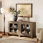 WAMPAT Farmhouse TV Stand for TVs up to 65”, Rustic Wood Entertainment Center with Adjustable Shelf, Glass Doors & Storage, Media Console Cabinet for Living-Room, Bedroom, Brown