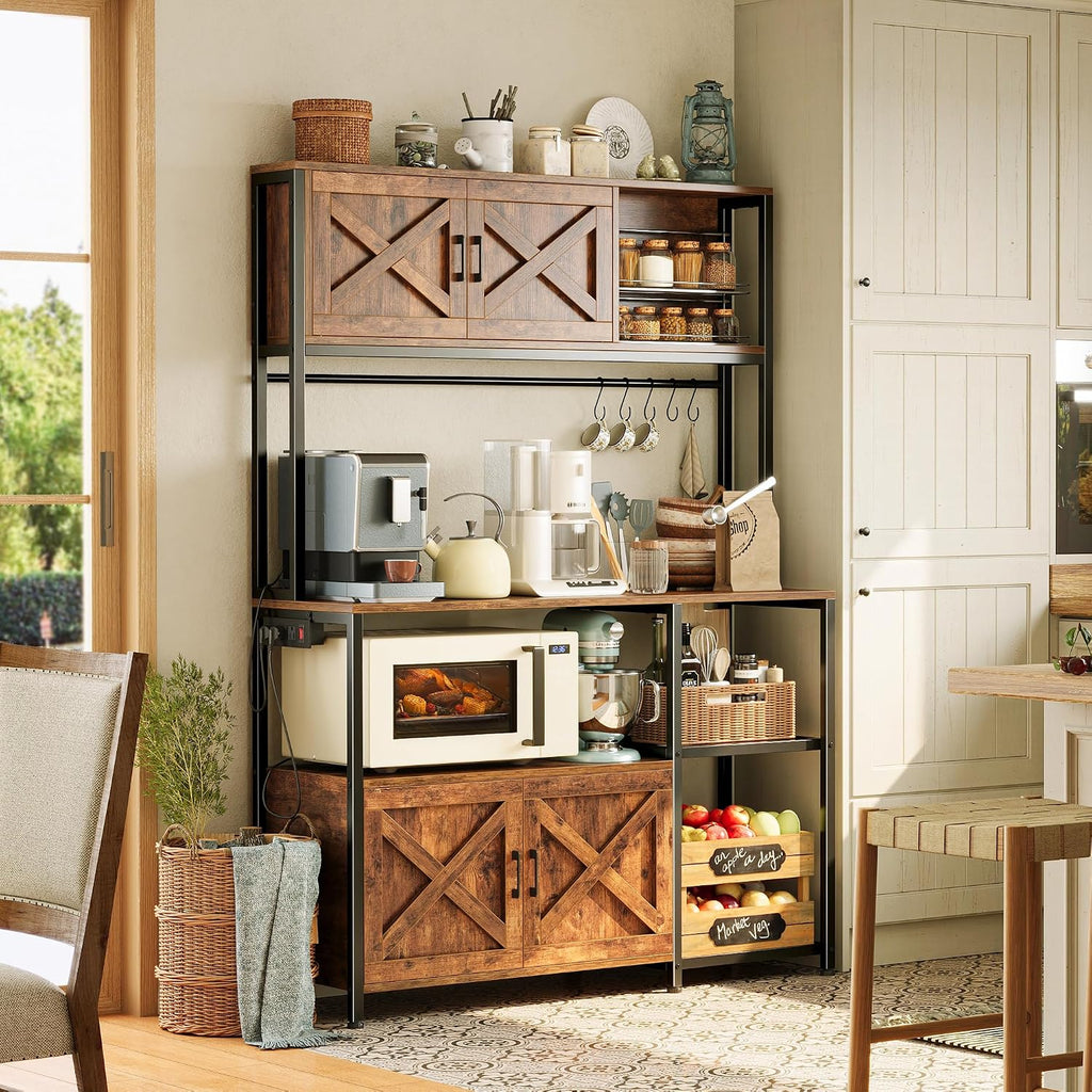 Huuger Large Bakers Rack with Power Outlet, Kitchen Microwave Stand with Cabinets, Coffee Bar Table Station with Storage, 6 S-Shaped Hooks, Mesh Shelves, 45 Inch Wooden Top, Rustic Brown