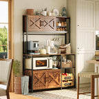Huuger Large Bakers Rack with Power Outlet, Kitchen Microwave Stand with Cabinets, Coffee Bar Table Station with Storage, 6 S-Shaped Hooks, Mesh Shelves, 45 Inch Wooden Top, Rustic Brown
