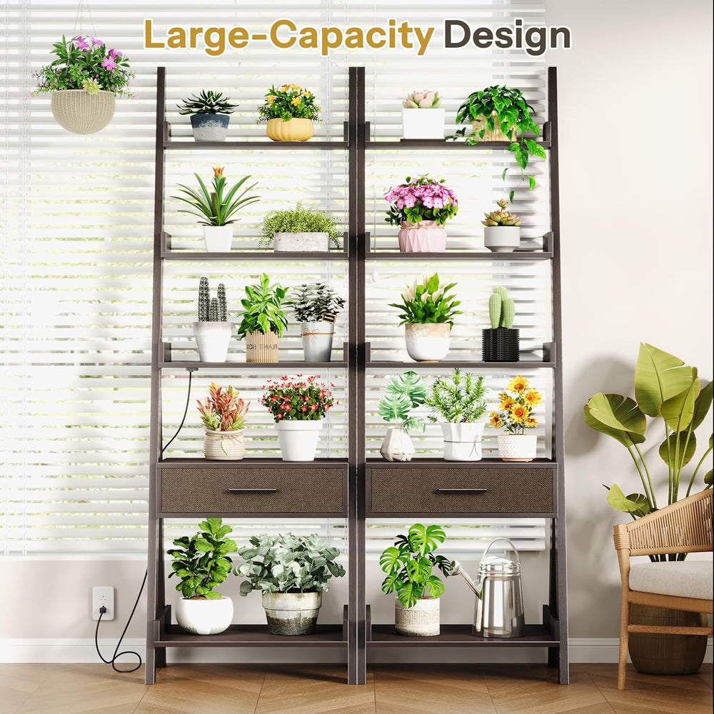 DynJest 5-Tier Bookshelf with Drawer, 70" Tall Ladder Shelf with Power O...