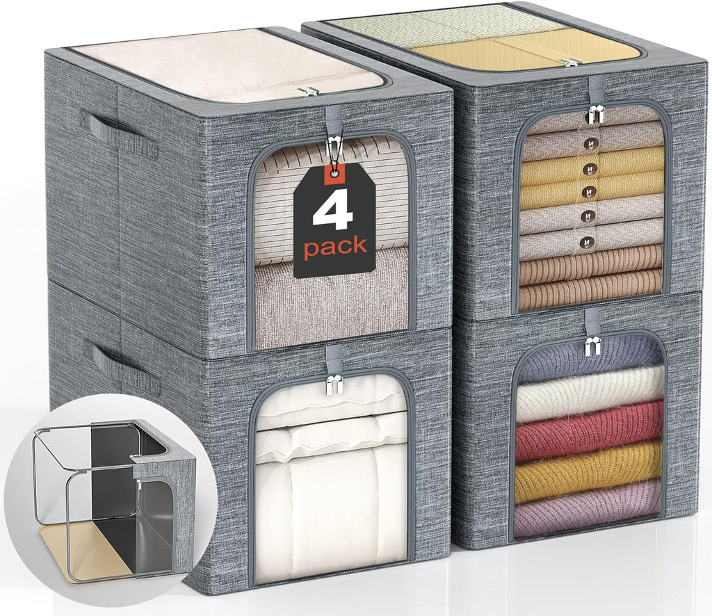 GoMaihe Clothes Storage Bin with Metal Frame: 4-Pack Stackable Closet Storage Bin with Lid & Clear Window, Sweater Boxes Storage for Closet Clothing Bedding Storage Organizer 40L