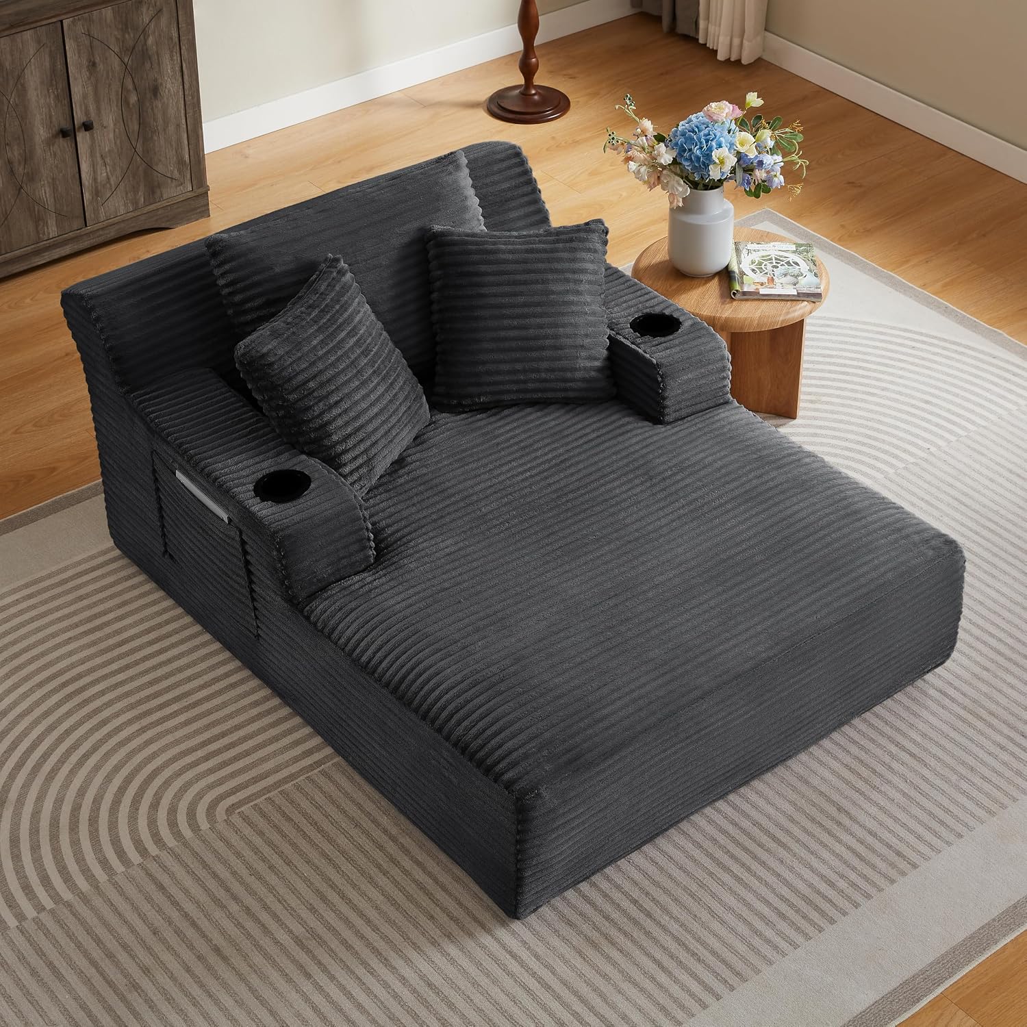 Oversized Corduroy Chaise Lounge Chair Boneless Sofa Bed, Deep Seat Floor Lounger Recliner Cloud Couch with Cup Holder & Storage Pocket for Living Room, Bedroom, Apartment