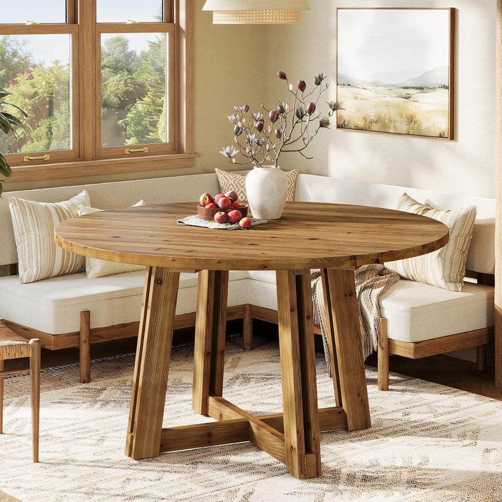 47.3" Solid Wood Dining Table for 4-6, Round Wood Kitchen Table | Farmho...