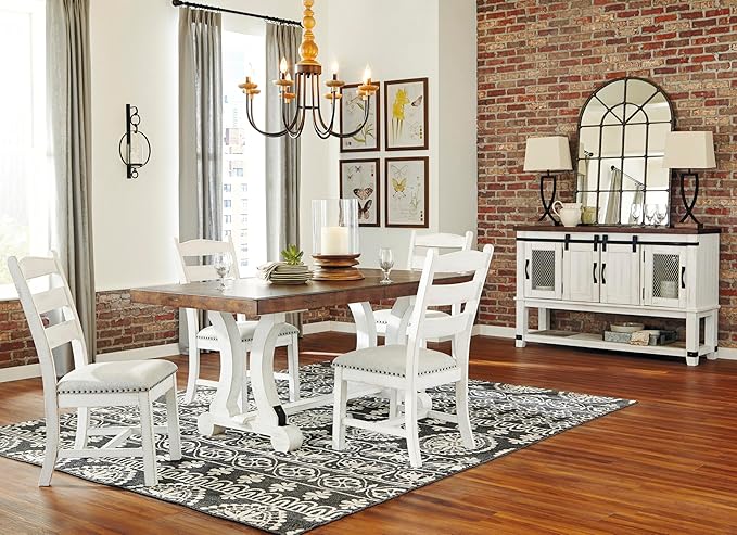 Signature Design by Ashley Valebeck Farmhouse Cushioned Dining Chair, 2 Count, Nailhead Trim, Fabric Upholstery, Solid Wood, 39" Seat Height, Whitewash