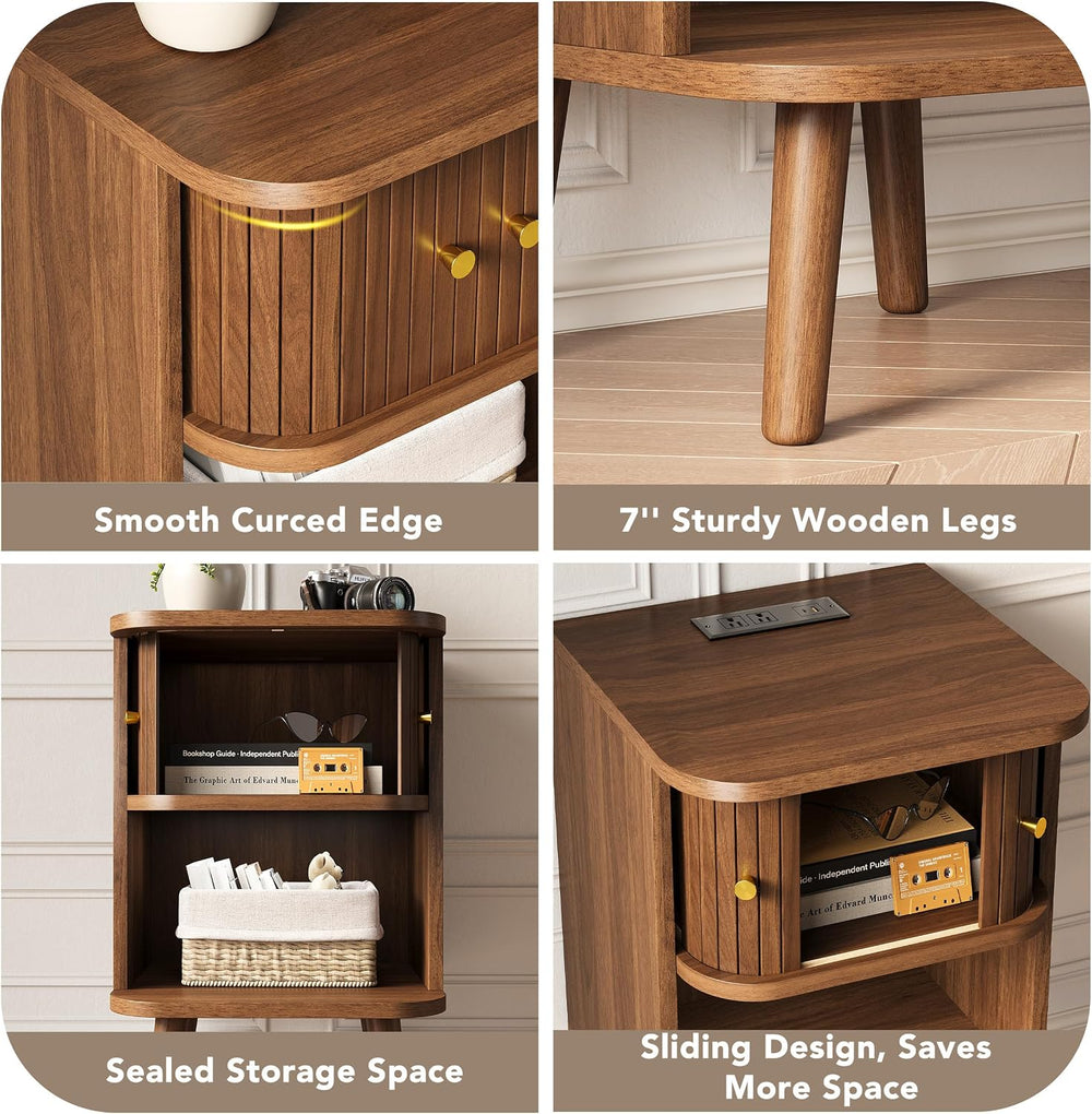 Decofy Mid Century Modern Nightstand Set of 2 with Charging Station, Walnut |...