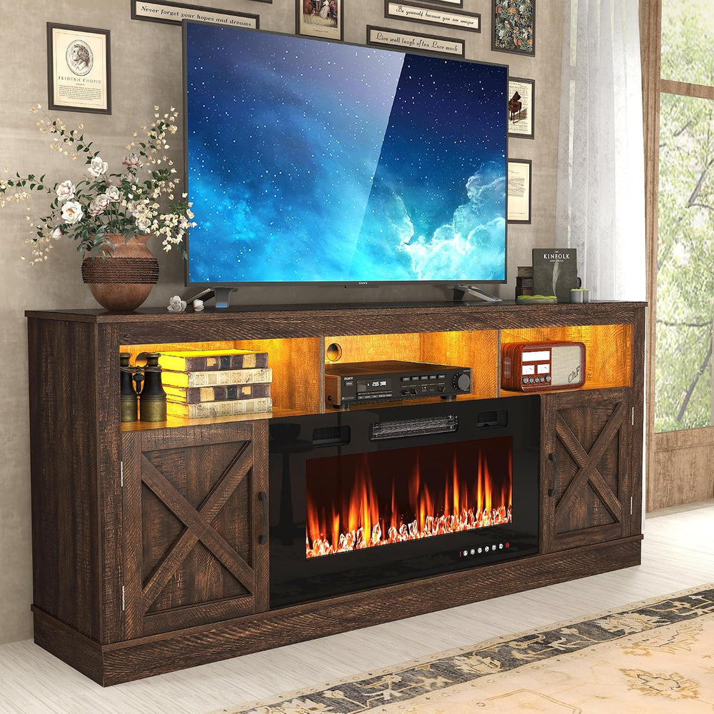 jiteentarou Farmhouse Fireplace TV Stand for 70/75/80 Inch TV, 32”Tall Entert...