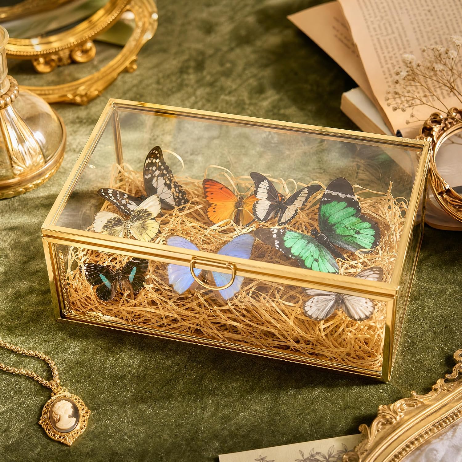 Glass Jewelry Box with Lid, Gold Metal Frame Trinket Box, Clear Display Case for Rings Earrings Necklace Bracelet, Small Jewelry Organizer for Vanity Bathroom Dresser Countertop Storage Box