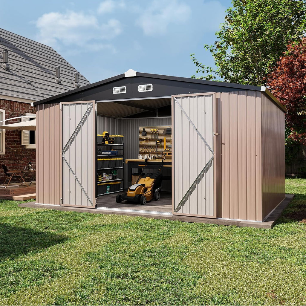 Aoxun 12x10 FT Shed Outdoor Storage Shed with Large Doors & Galvanized Steel, Large Shed Steel Utility Tool Shed Storage House with Door & Lock, for Patio Lawn Garden Sand, Brown