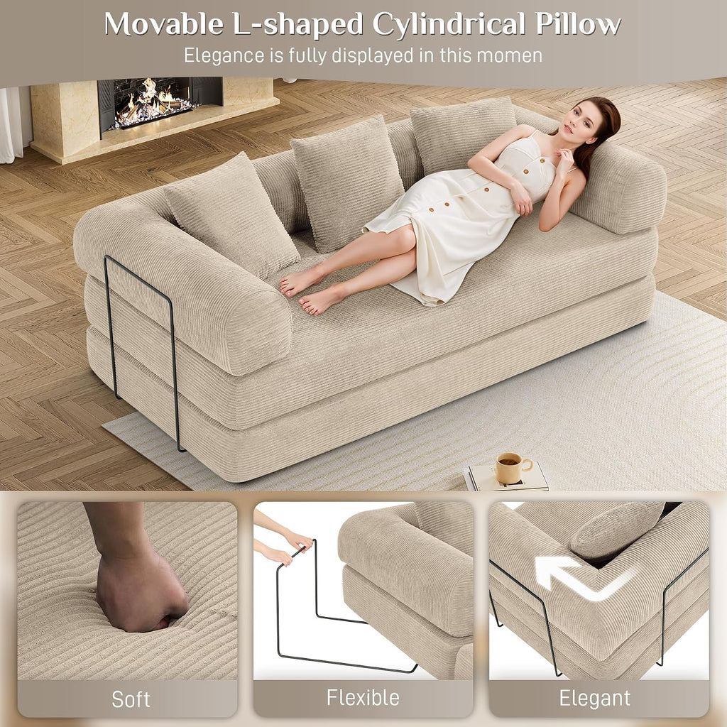 DAMAIFROM Convertible Sleeper Sofa Bed Floor Boneless Couch, Light Brown | 80" Corduroy Modular Compressed Futon Sofa Bed, Pull-Out Cloud Loveseat with Memory Foam Mattress for Living Room