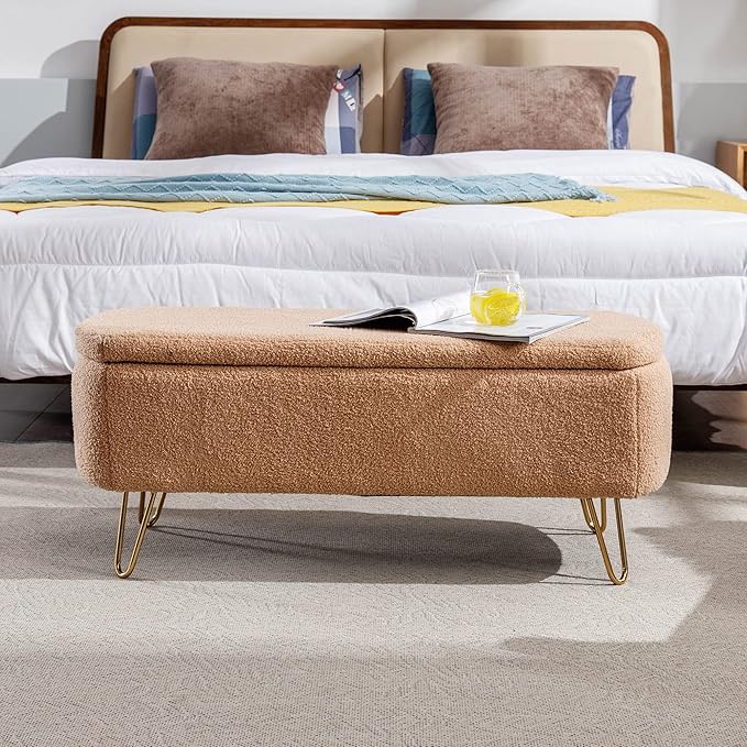 Storage Ottoman Bench with End of Bed Gold Legs,Modern Faux Fur Entryway Long Stool Upholstered Padded W/Safety Hinge,for Bedroom LivingRoom Window Side,Camel