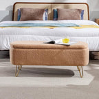 Storage Ottoman Bench with End of Bed Gold Legs,Modern Faux Fur Entryway Long Stool Upholstered Padded W/Safety Hinge,for Bedroom LivingRoom Window Side,Camel