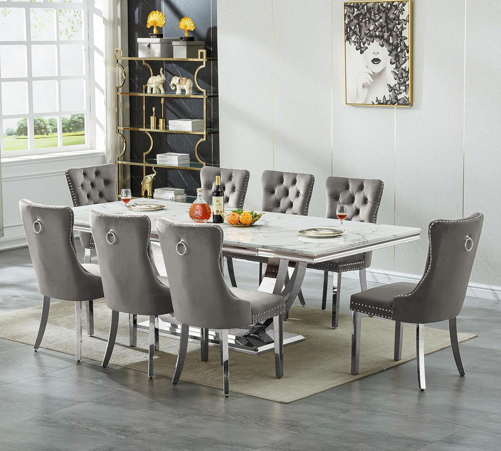 9-Piece Modern Dining Table Set with 8 Chairs, 94.5" Large Marble Kitche...