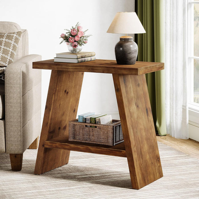Solid Wood End Table for Living Room, Narrow Small Side Table with 2-Tier Storage, Farmhouse Bedside Nightstand for Bedroom, Small Places, Rustic Brown (1PCS)