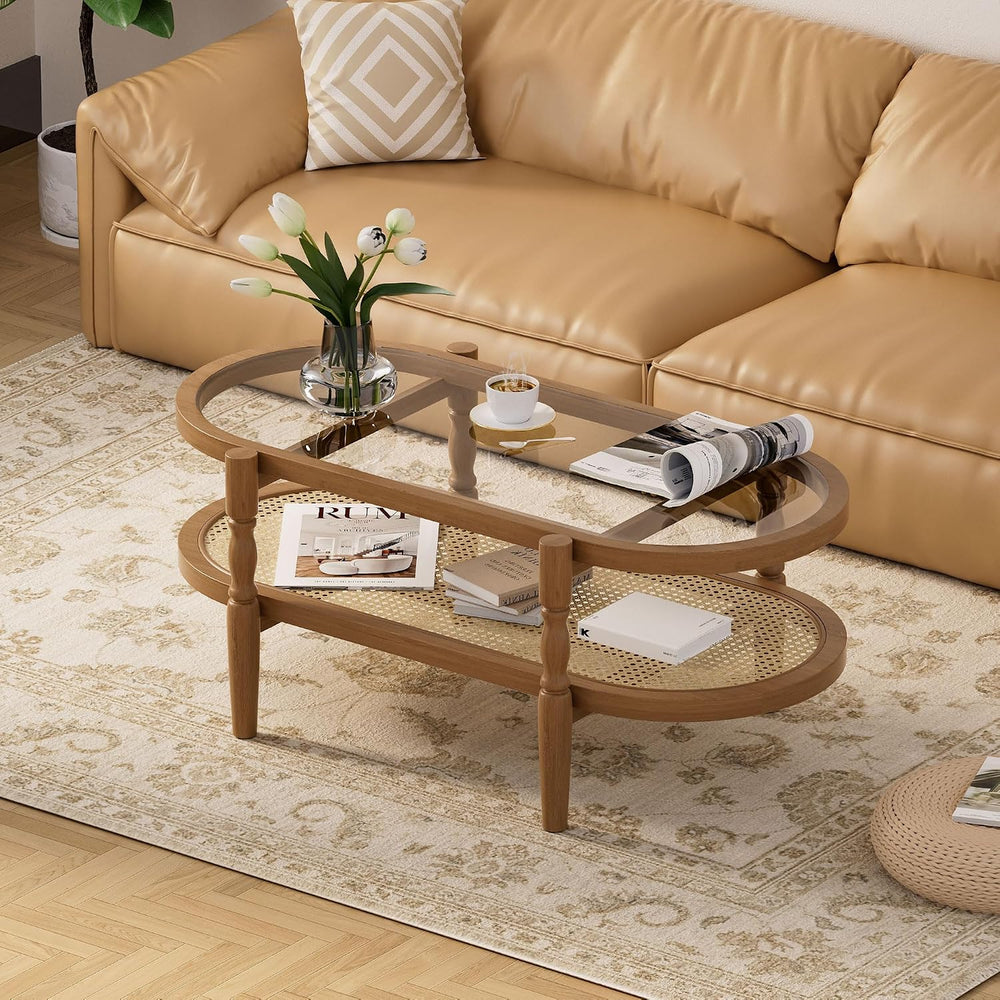 Rattan Coffee Table for Living Room, Oval Wood Glass Table, Brown, 40 inch