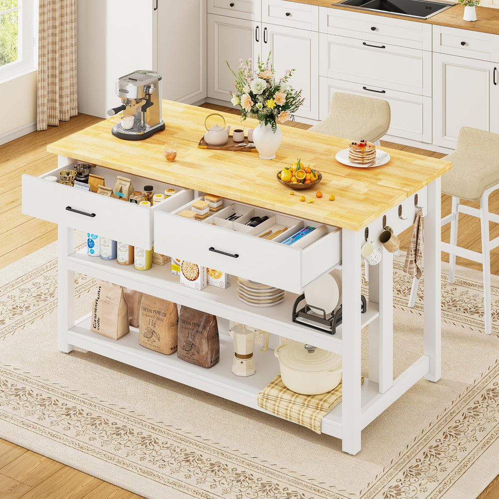 Kitchen Island with Storage for Kitchen Dining Room (White) | Charging outlet...