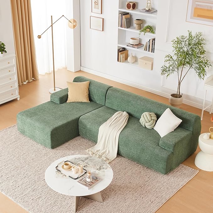107" Modular Sectional Cloud Couch, Boneless couches Sponge sectionals for Living Room, High Density Sponges Sofa, Modular L-Shape with Chaise, Green