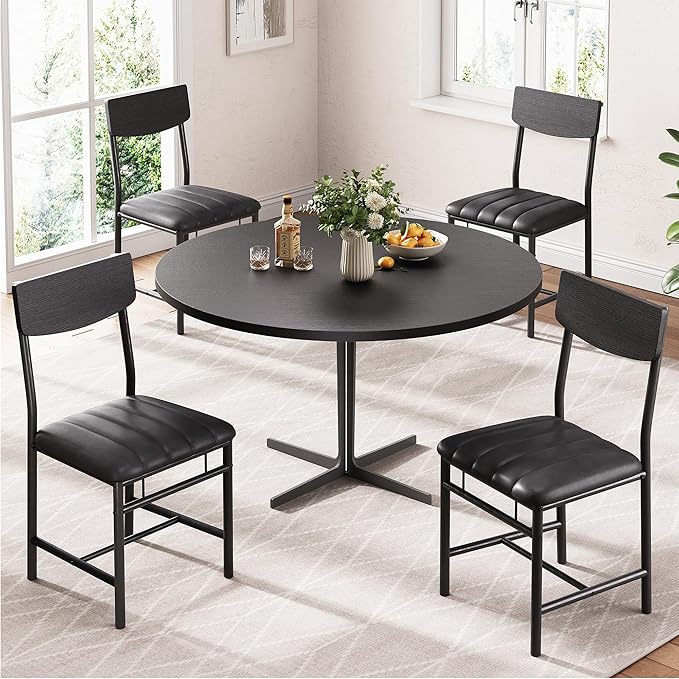 Industrial Dining Chairs Set of 6 - Upholstered Dining Room Chairs with PU Leather, Kitchen Chairs with Wooden Backrest and Thickened Metal Legs, for Dining Room, Living Room (6, Dark Black)