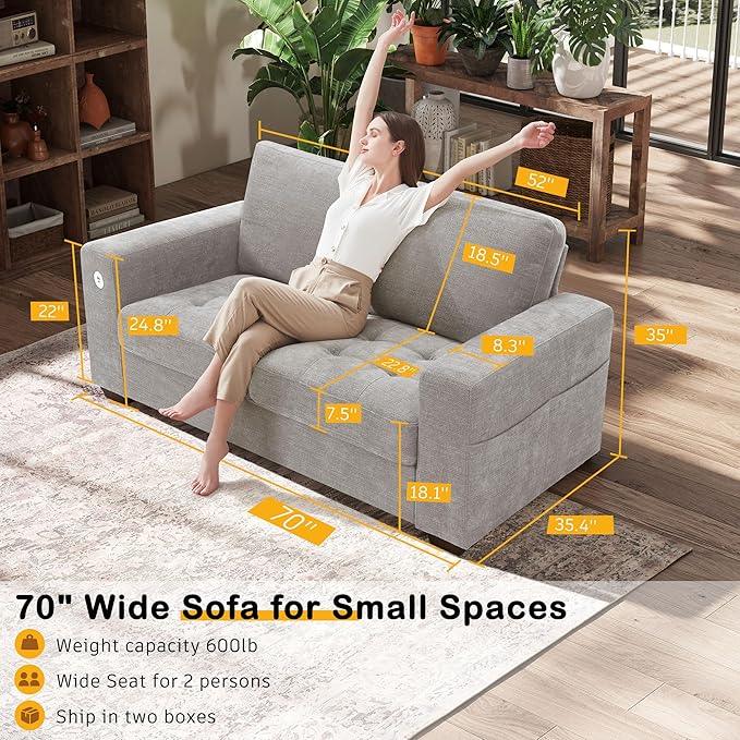 Hanherry 70" Loveseat Sofa for Living Room, Modern Comfy Couch with Medium Firm Seat Cushion, Removable Cover,Wide Armrest,USB/Type-C Port,Chenille Fabric Couches for Small Space,Apartment,Bedroom