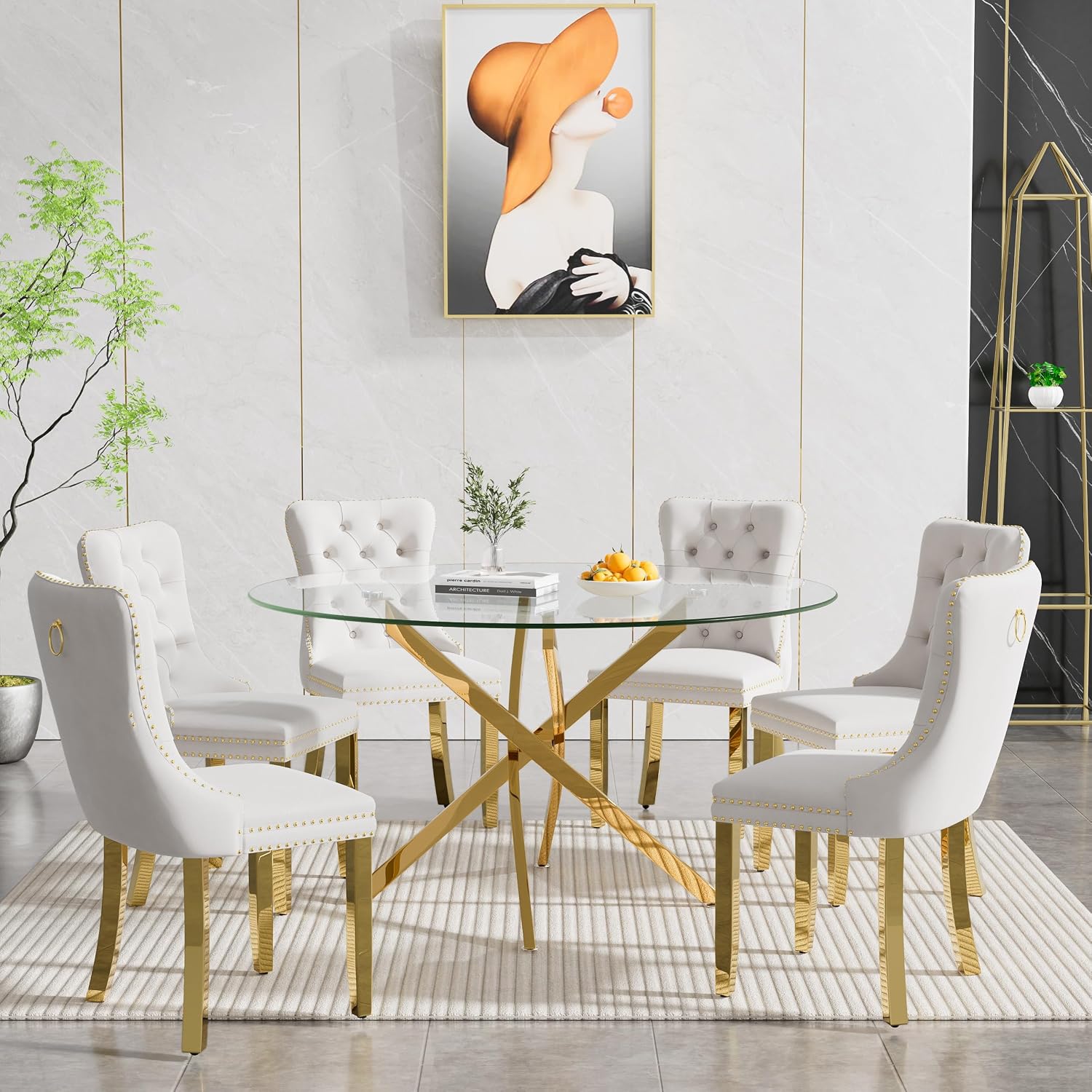 SSLine 7-Piece Round Glass Dining Table Set for 6, Modern Glass Kitchen Table and Chair Set for 6, 47.2" Circle Dining Room Table with 6 Beige Tufted Chairs for Kitchen Home Office
