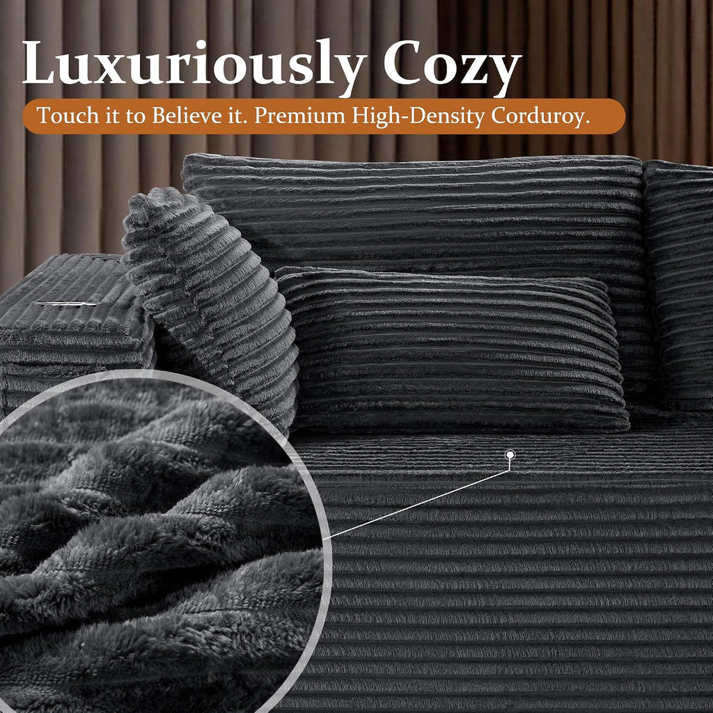 108" Oversized Cloud Sectional Couch, Comfort U Shaped Boneless Couch for Living Room, Extra Deep Seats No Assembly, Modular Sofa, Corduroy (Dark Grey, 2 Seater + Left Facing Chaise + Ottoman)