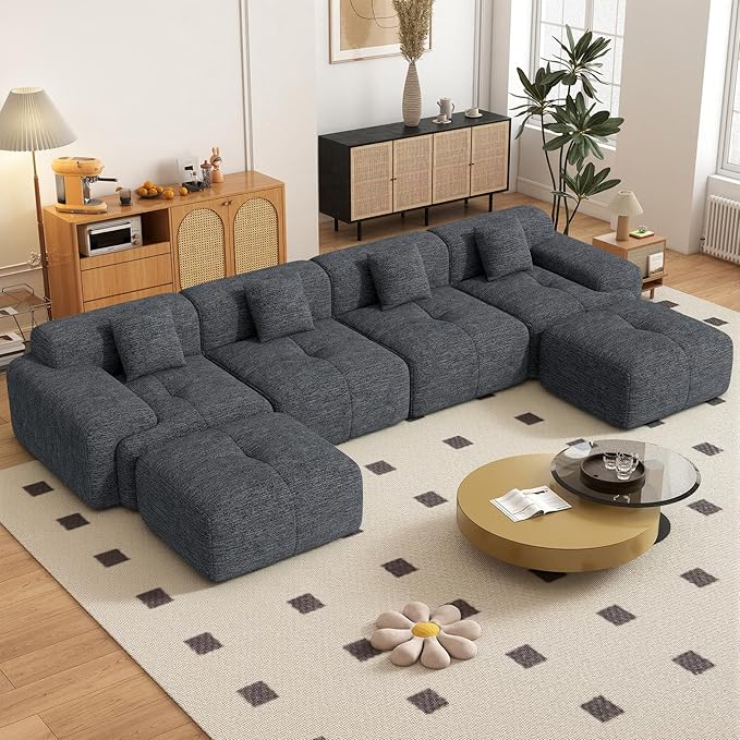 158" U Shaped Convertible Modular Couch, Cloud Couch Sectional with Ottoman, 6-Seater Chenille Boneless Couches for Living Room, Apartment, No Assembly, Grey Black 1PCS