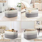 86L Extra Large Laundry Basket with Leather Handles for Living Room Storage, Woven Rope Baskets for Blanket, Kids Toy, Gifts, Wicker Hamper for Bedroom Dirty Clothes, 24"x16"x14" White Grey